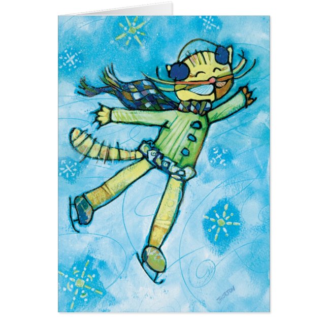 Chat de patinage sur glace Carte de Noël illustrée (Devant)