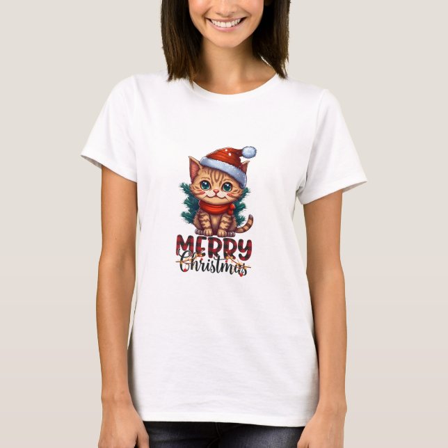 Chat de père Noël coupé T-shirt de Noël (Devant)