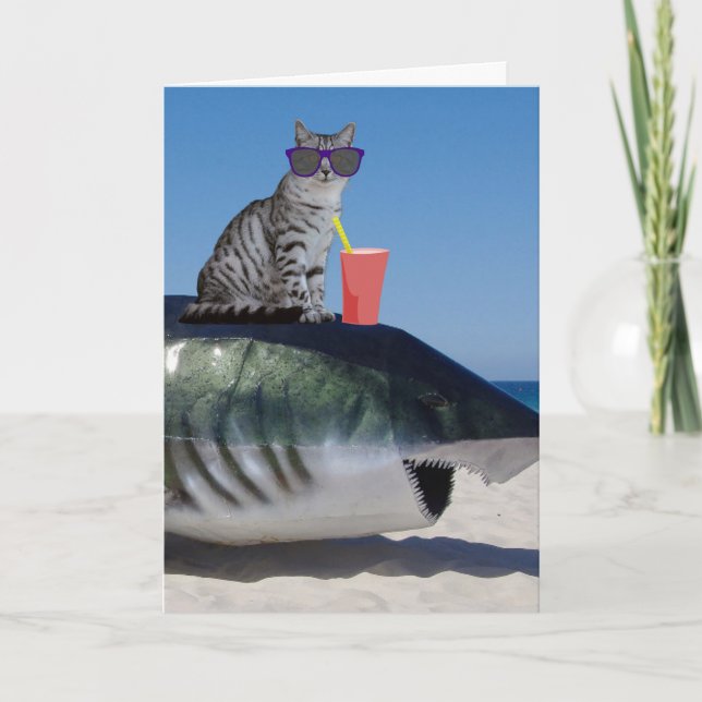 CHAT DE PLAGE SUR LA CARTE D'ANNIVERSAIRE AMUSANTE (Devant)