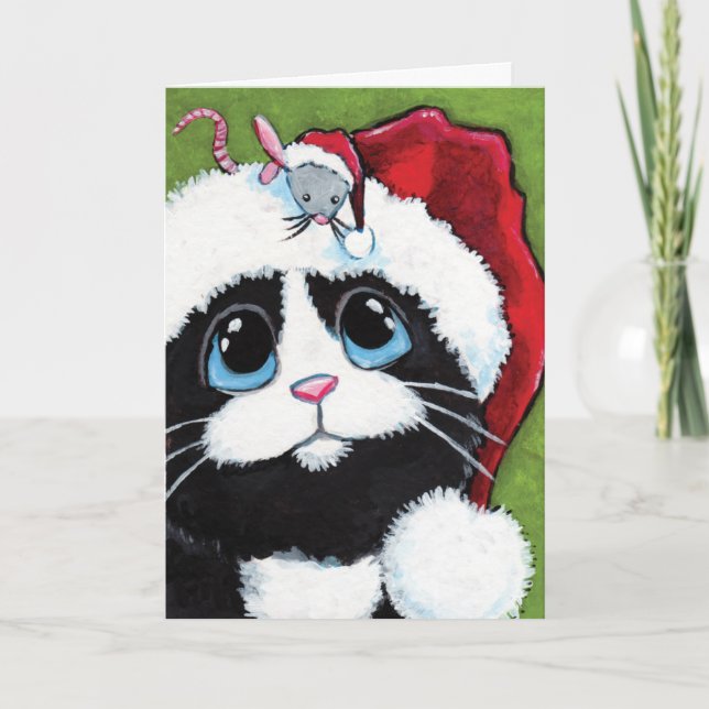 Chat de smoking et carte de Noël de fête de souris (Devant)