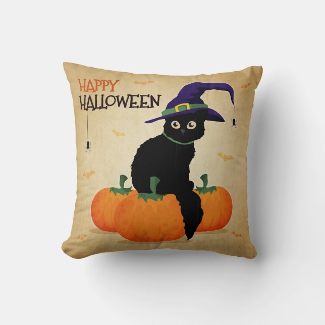 Chat d'Halloween vintage et Citrouilles | Coussin  (Recto)