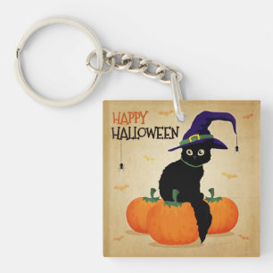 Chat d'Halloween vintage et Citrouilles   Porte-cl