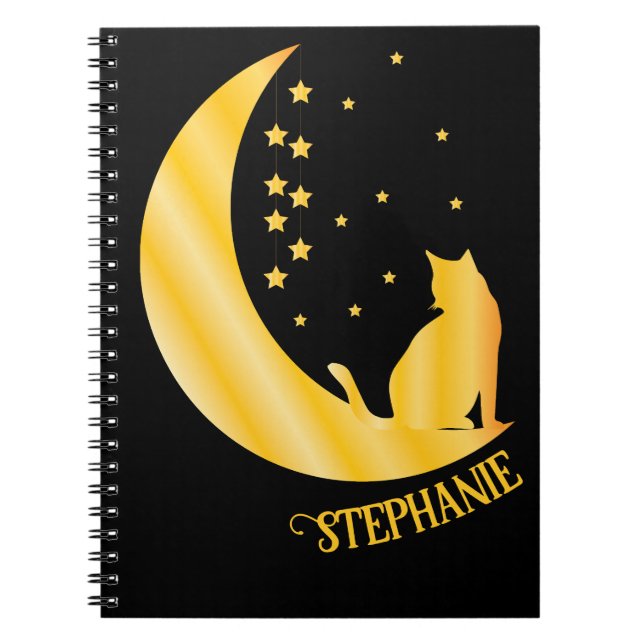 Chat D'Or Assis Sur Le Carnet Nocturne Lune (Devant)
