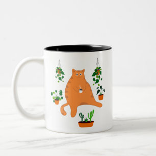 Chat Drôle Boire Mug De Café, Chat Avec Plantes