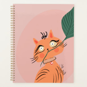 Chat drôle plante feuille dessin animé