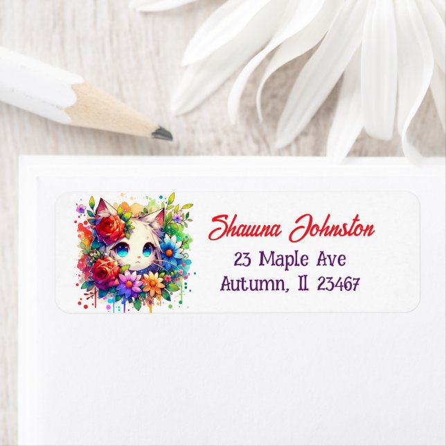 Chat et fleurs d'Anime violet et rouge (En situation)