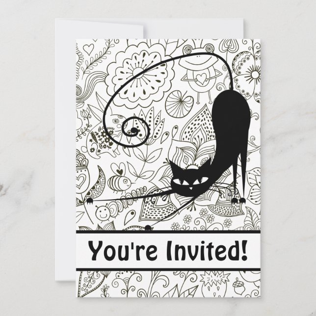 Chat et jardin noir et blanc Invitation d'annivers (Devant)