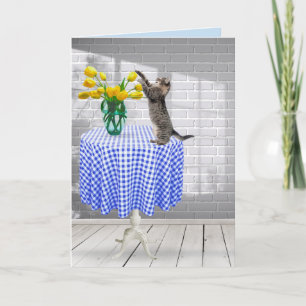 Chat et Tulipe jaune d'anniversaire sur carte de t
