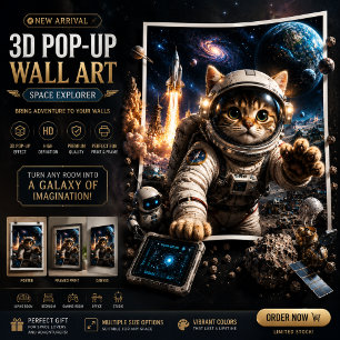 Chat Explorateur Spatial Art Poster Mural 3D Pop-U