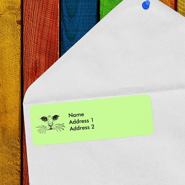 Chat Face Vert Yeux Whiskers (Cat face drawing in black with green eyes on light green return address labels.)