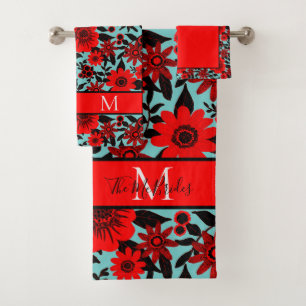 Chat florale Monogramme Jungle rouge, noir et bleu