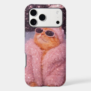 Chat Glam Money en manteau de fourrure rose et lun