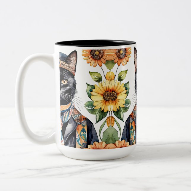 Chat Hippie Boho avec Écharpe 15 oz de Mug (Gauche)
