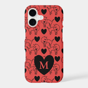Chat illustré et motif de monogramme de cœurs