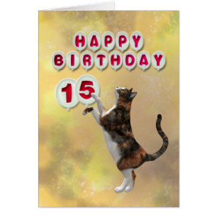 Chat joueuse et 15e Ballons d'anniversaire heureux