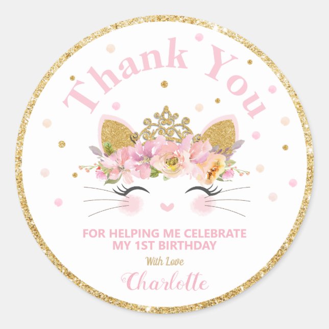 Chat Kitty Merci Sticker Étiquettes Anniversaire F (Devant)