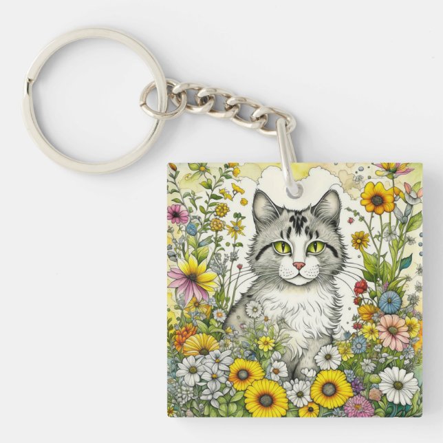 Chat Kitty personnalisé assis en fleurs (Devant)