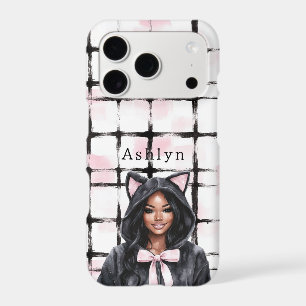 Chat Kitty Rayures Carreaux Rose Noir Blanc