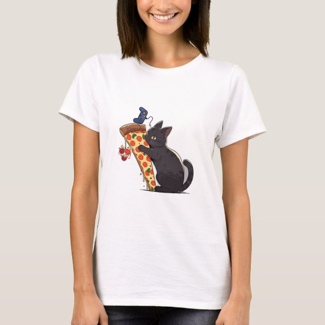 Chat Manger Pizza Jeu Pause T-Shirt (Devant)