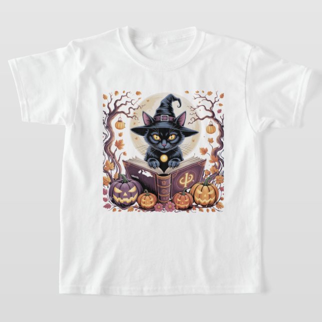 Chat mignon dans le jardin citrouille T-shirt Hall (Poser)