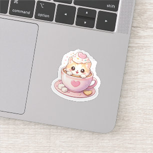 Chat Mignon dans Tasse de Café Autocollant Kawaii