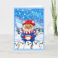 Chat mignon et carte neigeuse d'hiver de Noël de