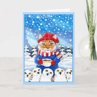 Chat mignon et carte neigeuse d'hiver de Noël de