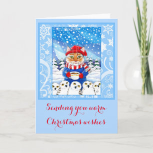 Chat mignon et carte neigeuse d'hiver de Noël de