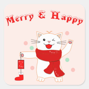 Chat Mignon Joyeux & Heureux   Autocollant de Noël