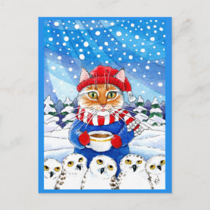 Chat mignonne avec Chouette neigeuse Carte postale