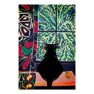 Chat noir à la fenêtre Poster brillant