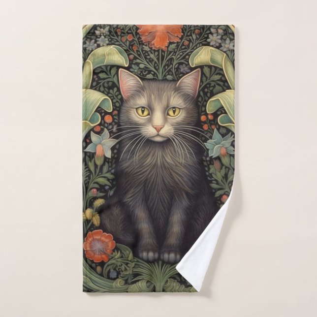 Chat noir Art nouveau et fleurs rouges (Serviette à main)