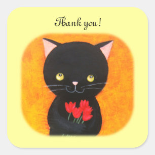 Chat noir avec Merci Fleurs Stickers Faveur