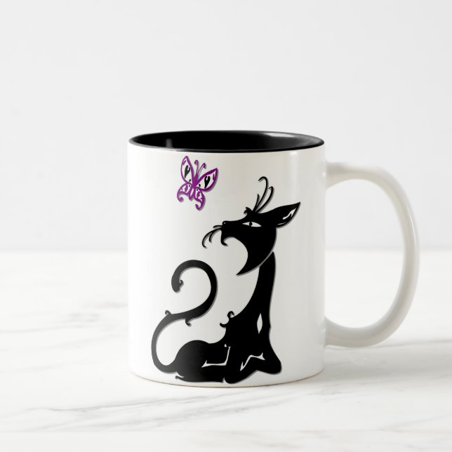 Chat noir avec Mug de Papillon pourpre (Droit)