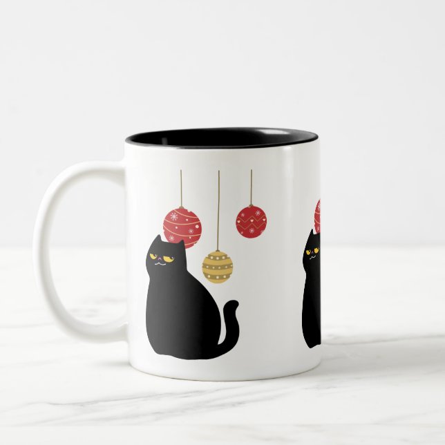 Chat noir avec Mug ornements de Noël (Gauche)