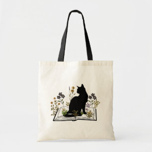 Chat noir avec sac fourre-tout de livre floral