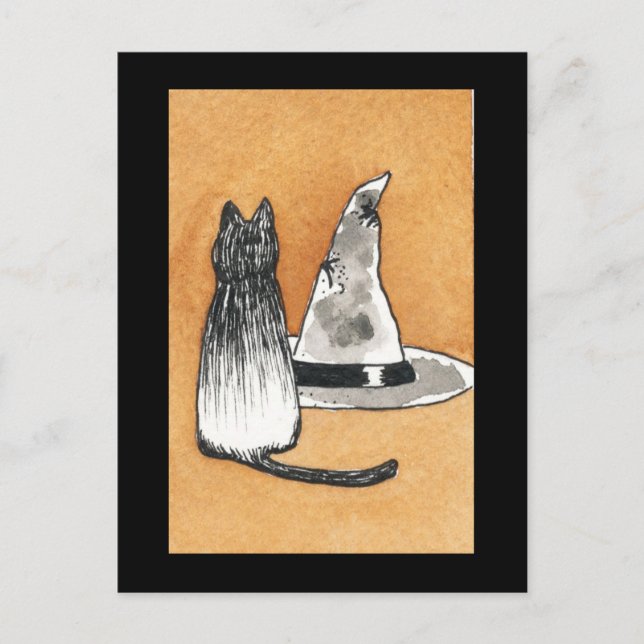 Chat noir avec sorcière Casquette Carte postale (Devant)