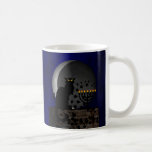 Chat Noir Chanukah with Menorah Coffee Mug<br><div class="desc">A silhouette of Théophile Steinlen's black cat for the Le Chat Noir club in a modern setting for Chanukah featuring the black cat with a lit menorah and a waning moon.</div>