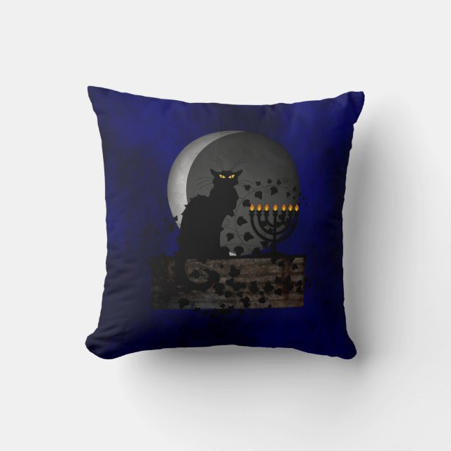 Chat Noir Chanukah with Menorah Throw Pillow (Front)