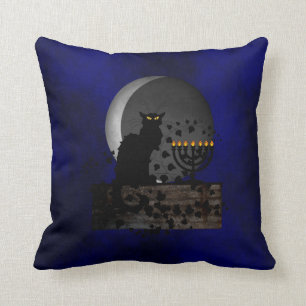 Chat Noir Chanukah with Menorah Throw Pillow