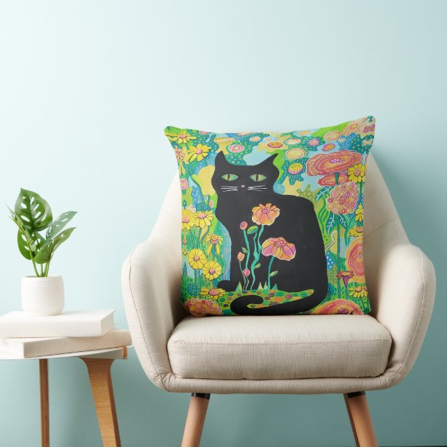 Chat noir dans Coussin de jet de fleurs Décoration (Chaise)