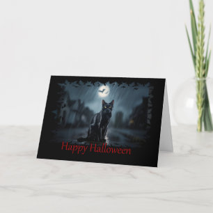 Chat noir dans la carte d'Halloween pluvieuse