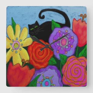 Chat noir dans le jardin Horloge ronde d'art Abstr