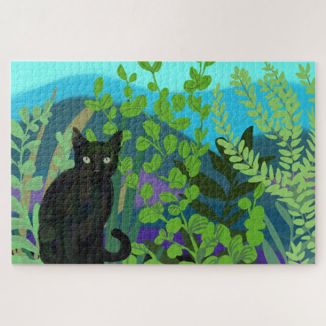 Chat noir dans le jardin Puzzle (Horizontal)
