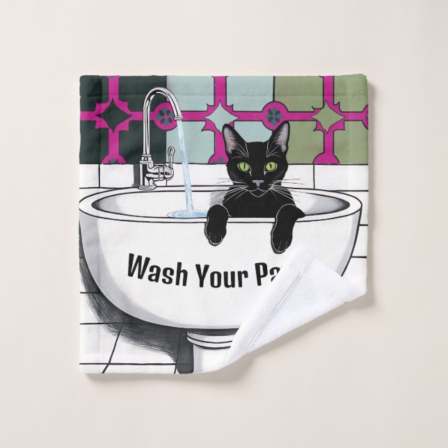 Chat noir dans un lavabo, Salle de lavage, pattes  (Gant de toilette)