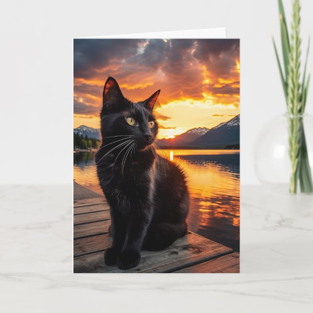 Chat noir dans une magnifique carte de voeux couch (Devant)