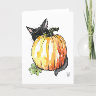 Chat noir derrière un Citrouille Carte de remercie