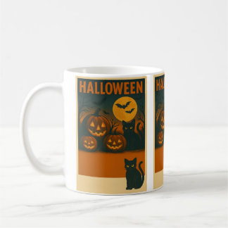 Chat noir d'Halloween et Mug Citrouille - Vintage 