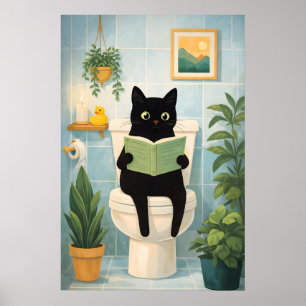 Chat noir drôle lisant sur une impression de salle