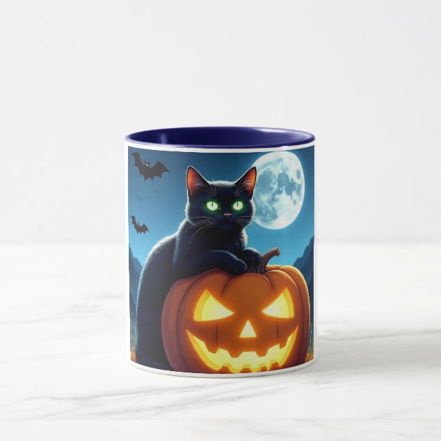 Chat noir éffrayant sur Mug Citrouille Halloween (Centre)